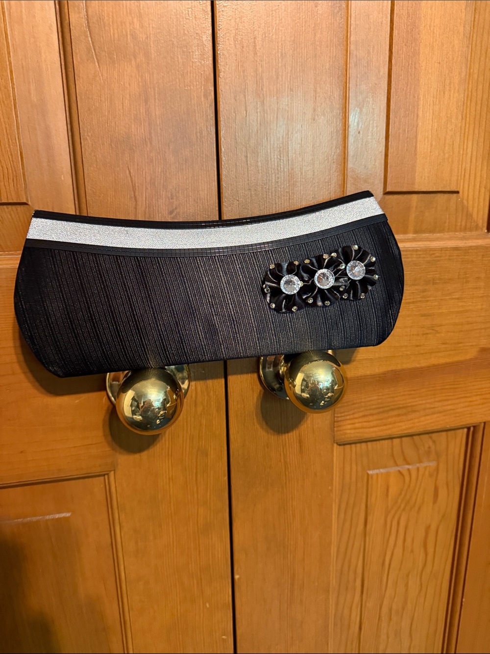 Black Evening Clutch with Silver Trim and Crystal Embellishment